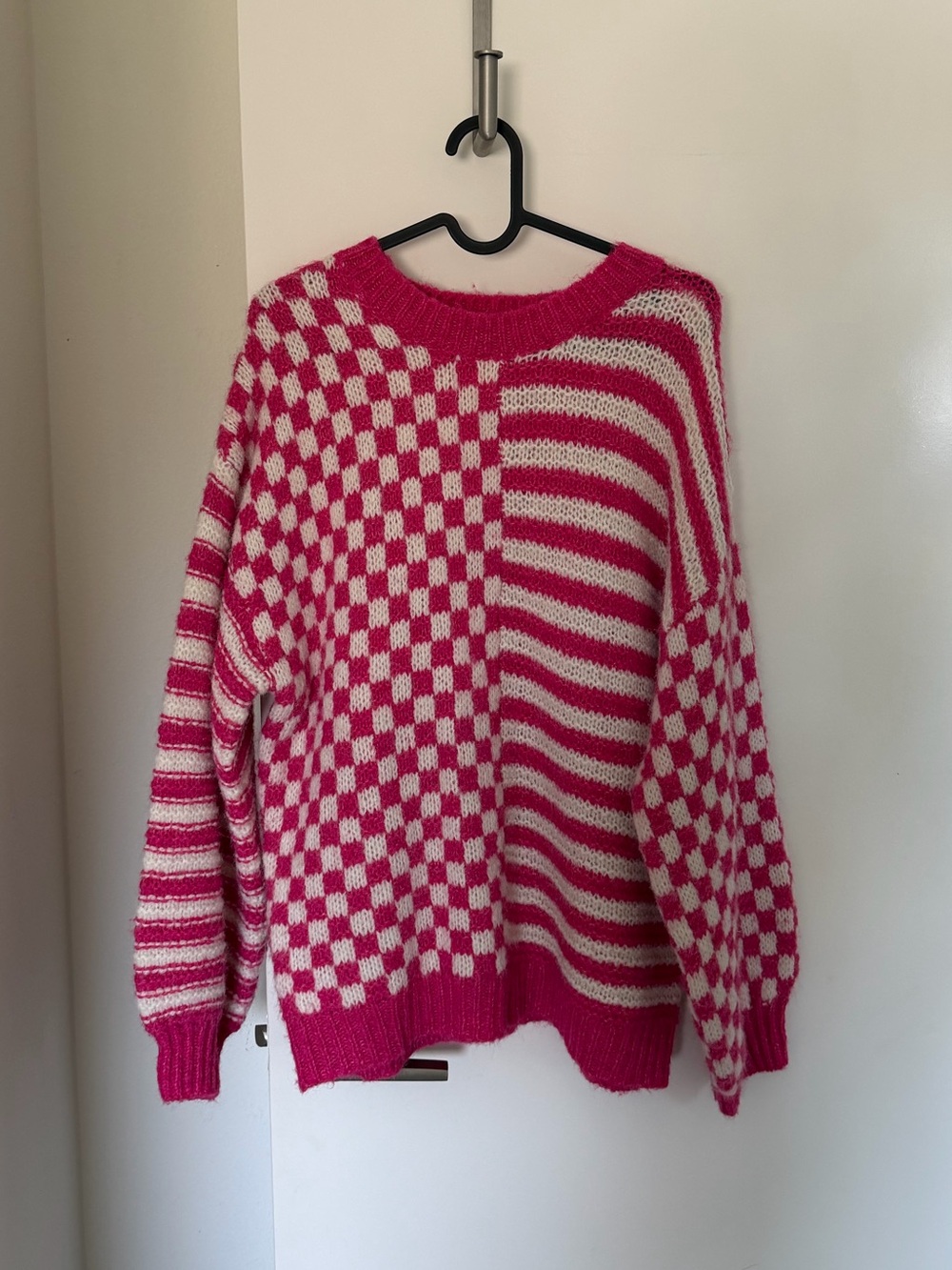 Blu Pepper Pink & White Checkerboard Stripe Knit Sweater